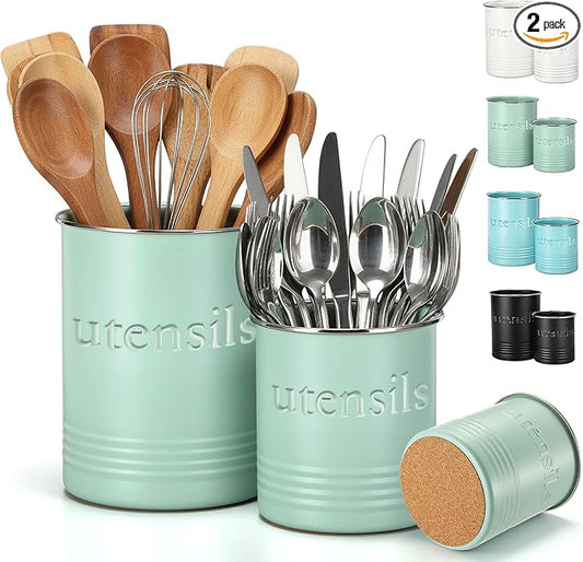 2 Pack Kitchen Utensil Holder for Counter 6.7"+4.7" Farmhouse Cooking Utensil Crock with Cork Bottom Modern Farmhouse Decors Countertop Storage Organizer Caddy Housewarming Gift(Sage Green)