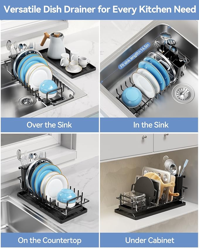 Small Dish Drying Rack in Sink, Expandable Dish Drainer Over Sink with Silicone Drying Tray, Compact Dish Rack for Kitchen Counter with Utensil Holder, Drying Rack Organize Small Space, Black