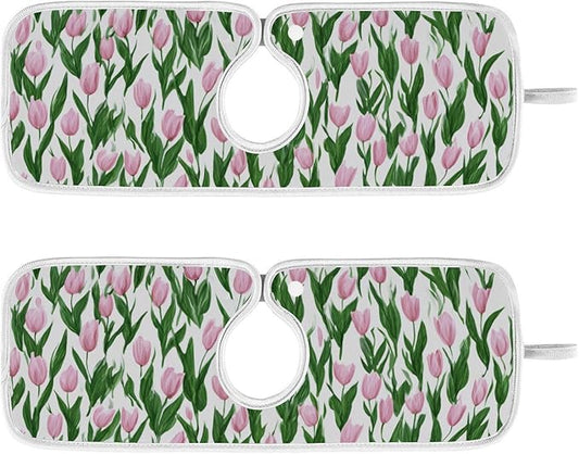 2 PCS Kitchen Sink Splash Guard 14.9 Inch Faucet Mat for Kitchen Sink Bathroom Sink Faucet Absorbing Drip Drain Mat Pad Microfiber Soft Washable Small Tulips Pink