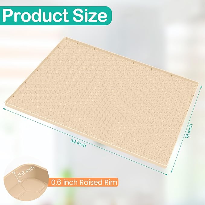 FORWOS Waterproof Under Sink Mat 34" x 19", Silicone Cabinet Liner, Rubber Protector for Kitchen and Bathroom, Keeps Cabinets Clean, Dry, and Organized (Beige)