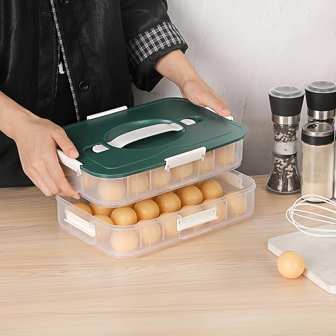 BTSKY Deviled Egg Platter with Lid, 2-Layer 36 Slots Deviled Eggs Carrier, Clear Portable Eggs Holder for Fridge Reusable Deviled Egg Tray Carton Box for Easter and Party Favor (2-Layer, Green)