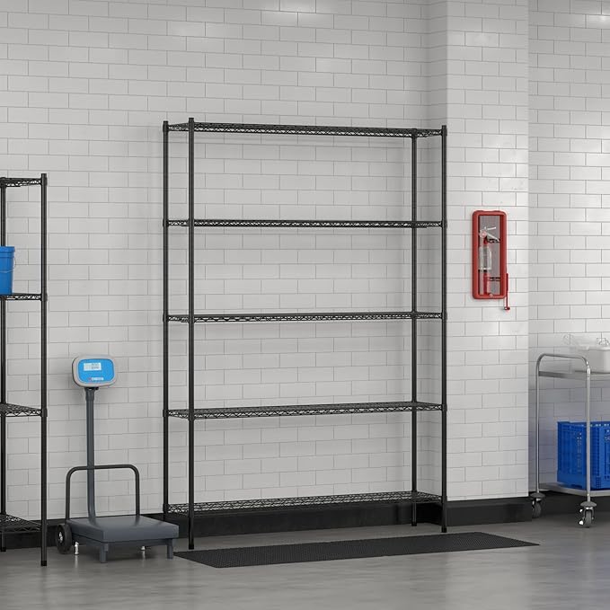 Commercial NSF Listed Black Epoxy Stationary Wire Shelving Kit 14" x 60" x 86", with 5 Shelves Perfect for Warehouse, Walk-in Refrigerator, Freezer, Grocery Store, Restaurant, Dishroom