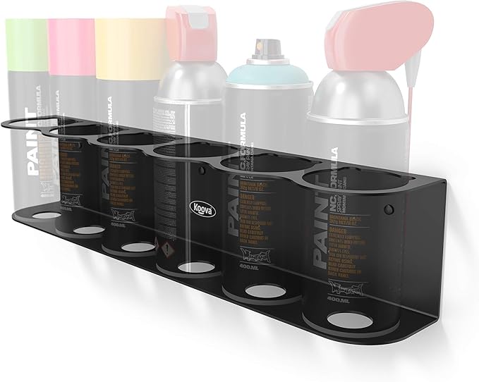 Koova 6 Aerosol Spray Can Holder | Easy Install Wall Mount | Heavy-Duty Powder Coated Steel Storage Rack for Garage & Home | Craft Workspace Paint Bottle Organizer | Hardware Included | USA Made