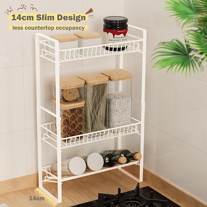 Spice Rack Countertop 3 Tier Narrow Slim Seasoning Storage Rack Metal Spice Shelf Stand Skincare Organiser for Bathroom Counter