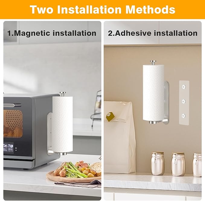 Magnetic Paper Towel Holder for Fridge -No Drill, One Hand Tear RV Paper Towel Holder with Ratchet Mechanism, Self-Adhesive & Wall Mount for Refrigerator, Kitchen, Grill, Garage (Silver)