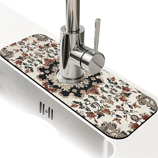 Kitchen Sink Splash Guard，Intricate Persian floral Faucet Mat Sink Gadgets-Super Absorbent Fast Drying Mat Drip Catcher for Kitchen, Bathroom,Sink Mat, Dish Drying Mat, Bathroom(15" X 5.5" )