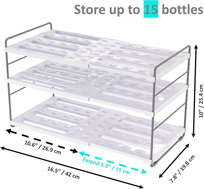 YAN & HIN 2 Packs Extendable Pantry Organizers and Storage, Kitchen Cabinet Organizer, 3-Tier Adjustable Height, Hold 15 Bottles - Water Bottle, tupperware, Fridge, Kitchen countertop Organizer