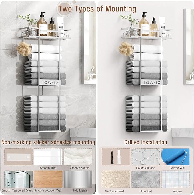 Towel Racks for Bathroom Wall Mounted Towel Storage Organizer Wall Towel Rack for Rolled Towels Silver