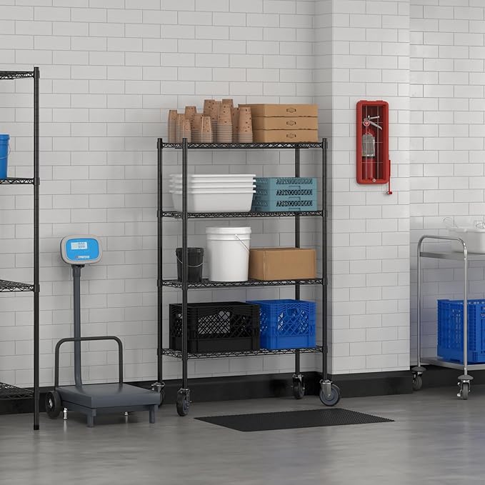 Commercial NSF Listed Black Epoxy Mobile Wire Shelving Kit 14" x 36" x 60", with 4 Shelves Perfect for Warehouse, Walk-in Refrigerator, Freezer, Grocery Store, Restaurant, Dishroom