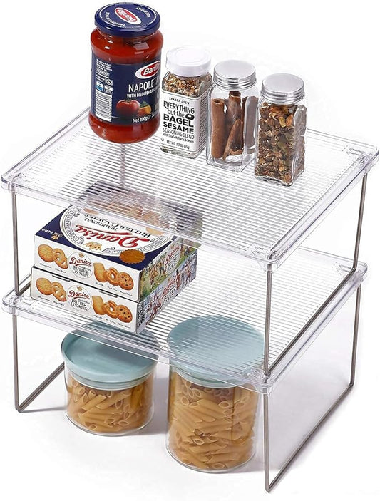 IVYHOME Pantry Organizer, Cabinet Storage Shelf Rack, Stackable Kitchen Cabinet, Foldable Countertop Shelf Organizer, 2 Pack