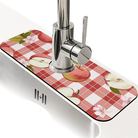 Kitchen Sink Splash Guard，Apple-on a checkered Faucet Mat Sink Gadgets-Super Absorbent Fast Drying Mat Drip Catcher for Kitchen, Bathroom,Sink Mat, Dish Drying Mat, Bathroom(15" X 5.5" )
