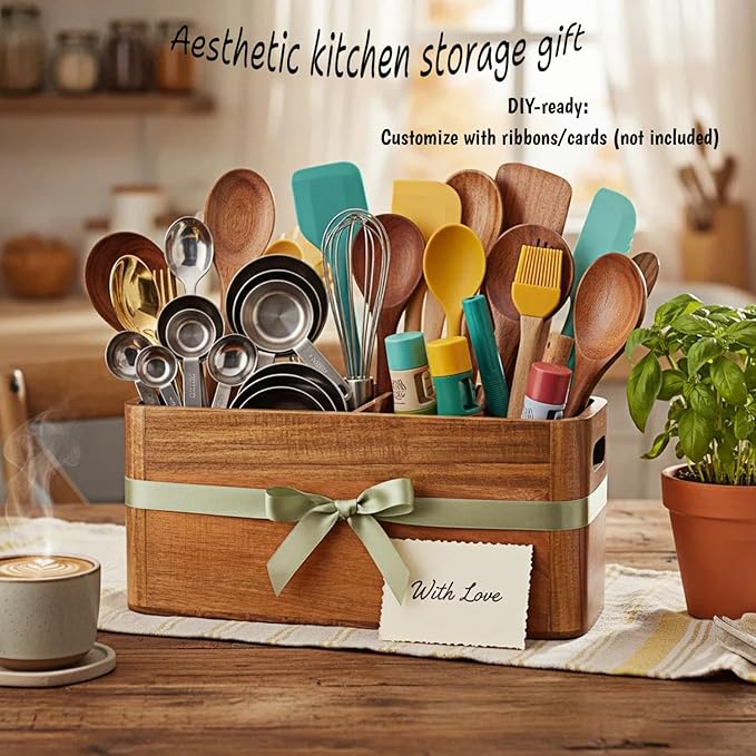 Large Wooden Utensil Holder for Kitchen Countertop - 4 Compartment Acacia Wood Organizer & Utensil Caddy for Cooking Tools, Wall Mountable