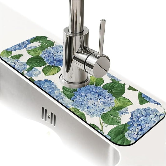 Kitchen Sink Splash Guard，Blue hydrangea Faucet Mat Sink Gadgets-Super Absorbent Fast Drying Mat Drip Catcher for Kitchen, Bathroom,Sink Mat, Dish Drying Mat, Bathroom(15" X 5.5" )