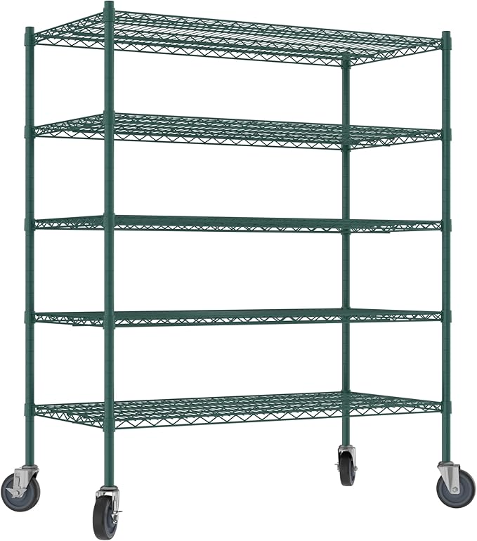 Commercial NSF Listed Green Epoxy Mobile Wire Shelving Kit 24" x 48" x 60", with 5 Shelves Perfect for Warehouse, Walk-in Refrigerator, Freezer, Grocery Store, Restaurant, Dishroom