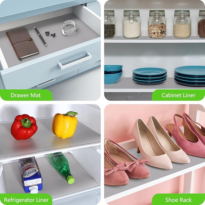 Light Gray Shelf Liners for Kitchen Cabinets Non Adhesive Drawer Liner for Bathroom Waterproof Refrigerator Liners for Shelves Fridge Plastic Mats Cabinet Cupboard Liner 17.5 x 393.7 Inches