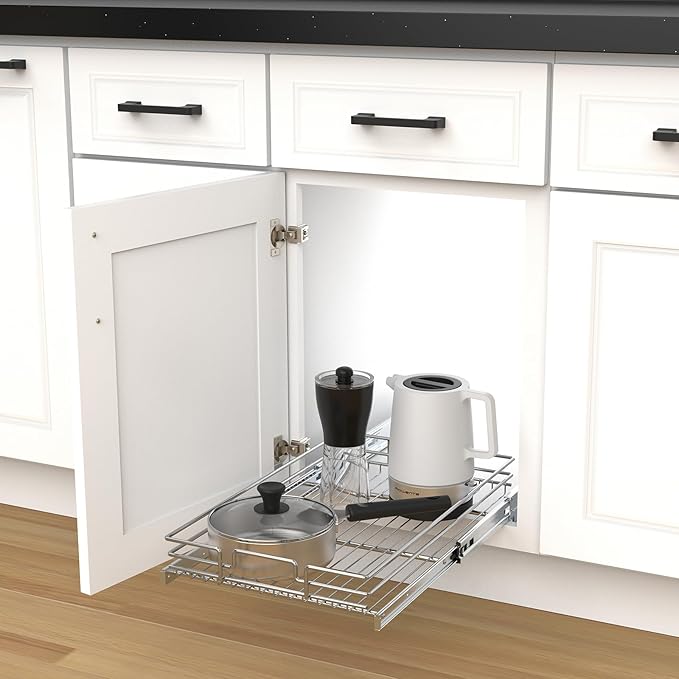 Pull Out Cabinet Organizer, Heavy-Duty Metal Sliding Drawer Shelf for Kitchen Cabinets, Chrome, Doesn't Include Door Fittings (23 * 21 IN)