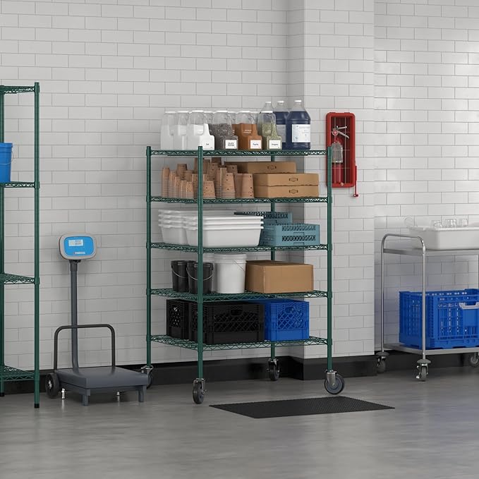 Commercial NSF Listed Green Epoxy Mobile Wire Shelving Kit 30" x 36" x 60", with 5 Shelves Perfect for Warehouse, Walk-in Refrigerator, Freezer, Grocery Store, Restaurant, Dishroom