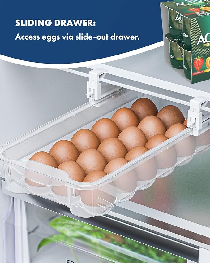 TidyFriend 2 Pack Refrigerator Egg Drawer 14"x7.5"x3.95" – Snap-On Egg Holder with Pull-Out Drawer, Holds 18 Eggs, Fits Flat Fridge Shelves 14.1–16.3 in Long and 0.93–1.32 in Thick