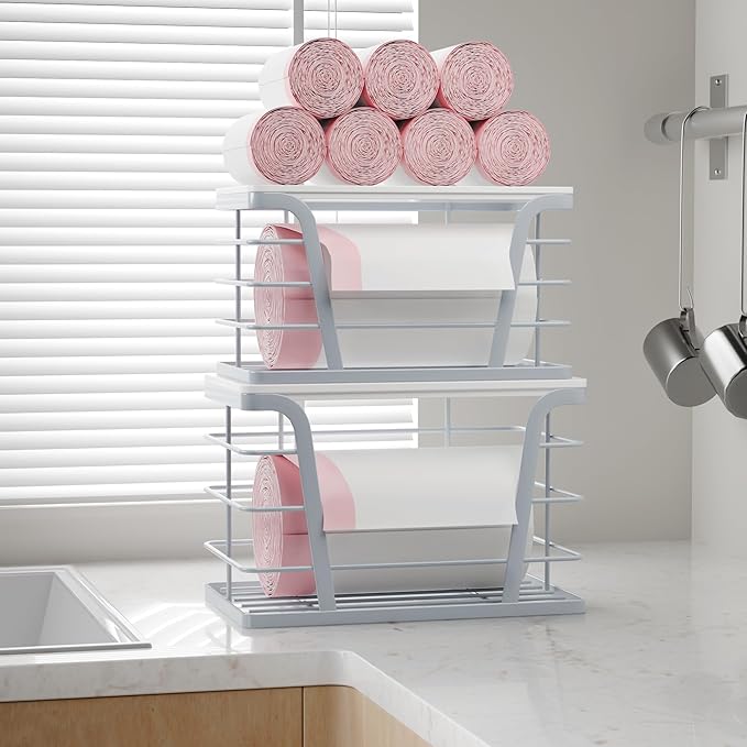 2 Pack Grey Trash Bag Organizer for Kitchen and Pantry, Upgraded Stackable Metal Garbage Bag Holder with Bamboo Top, Modern Under Sink Storage Dispenser for Laundry Room, Garage