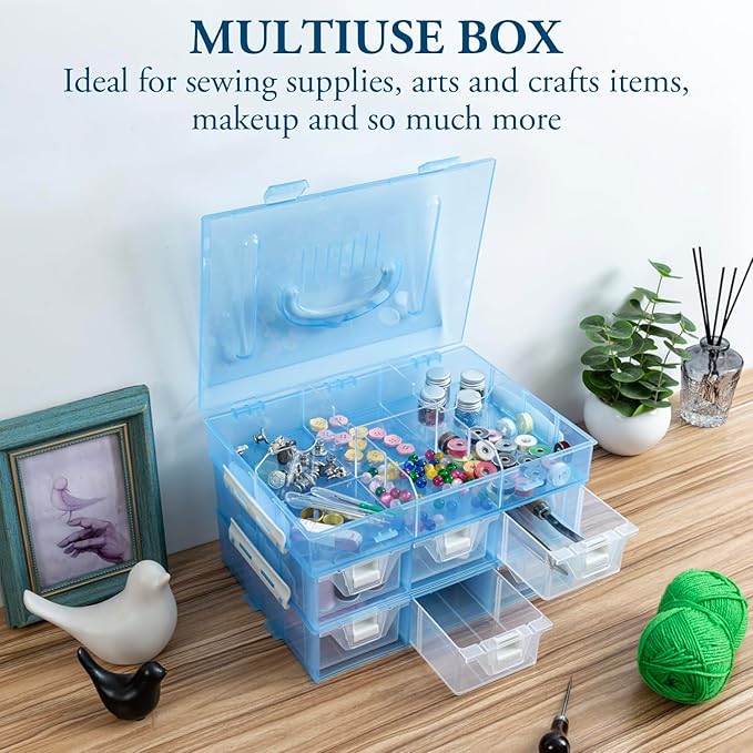 MyGift 11 Inch Sky Blue Transparent Arts and Crafts Sewing Supplies Storage Organizer Case with White Accents, 24 Customizable Compartments, 6 Drawers Removable Dividers
