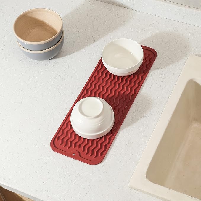 Silicone Dish Drying Mat for Multiple Usage,Easy clean,Eco-friendly,Heat-resistant Silicone Mat for Kitchen Counter,Sink,Bar,Bottle,or Cup Red M 17 inches x 6 inches