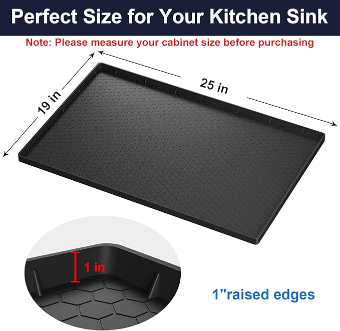 Under Sink Mat - 25" x 19" Waterproof Kitchen Cabinet Mat - Flexible Silicone Under Sink Liner - Kitchen Bathroom Cabinet Mat and Protector for Drips Leaks Spills (Black)