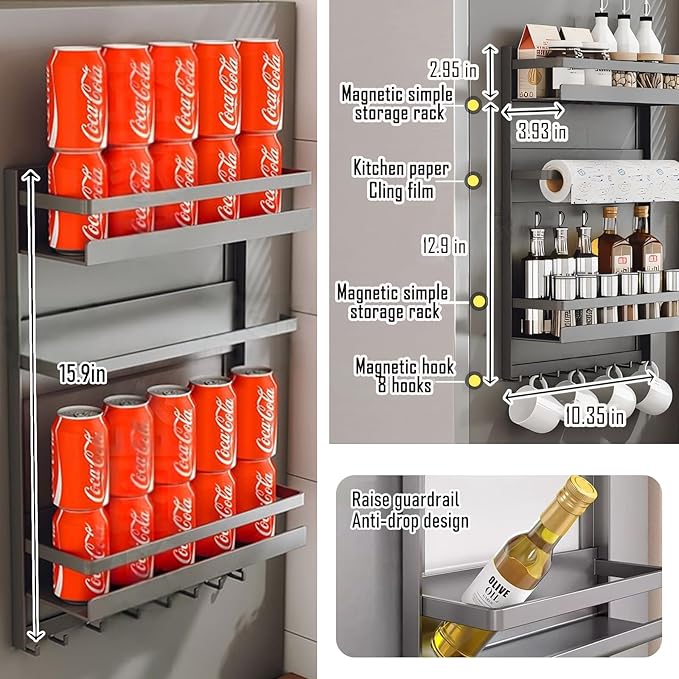 Magnetic Spice Rack for Refrigeratorwith 8-Hook, Magnetic Paper Towel Holder, with Strong Adhesion, Rust-Proof & Space-Saving Design for Kitchen, Bathroom(2 Tier Refrigerator Shelf)