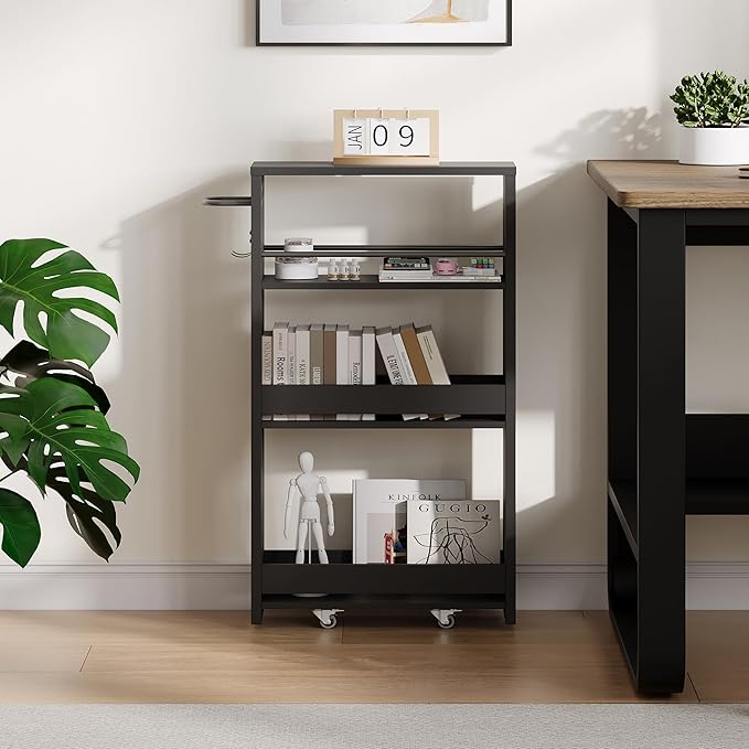ChooChoo 4-Tier Slim Storage Cart, 5.5 inches Wide Narrow Storage Cabinet with 360° Wheels and 2 Hooks, Laundry Room Storage Organizer for Kitchen, Narrow Places, Bathroom, Black
