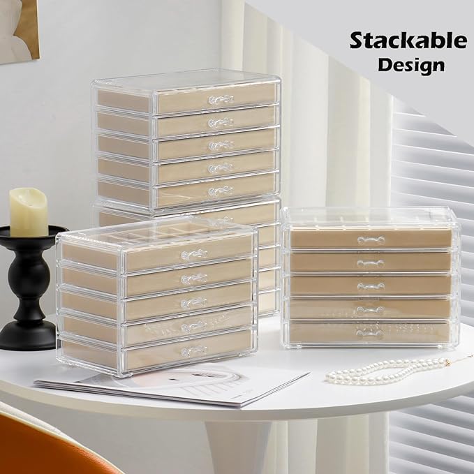 Jewelry Organizer with 5 Drawers Clear Acrylic Earring Display Case Velvet Jewelry Storage Box Display Holder for Earring Ring Bracelet Necklace (Beige, 48 Grids)