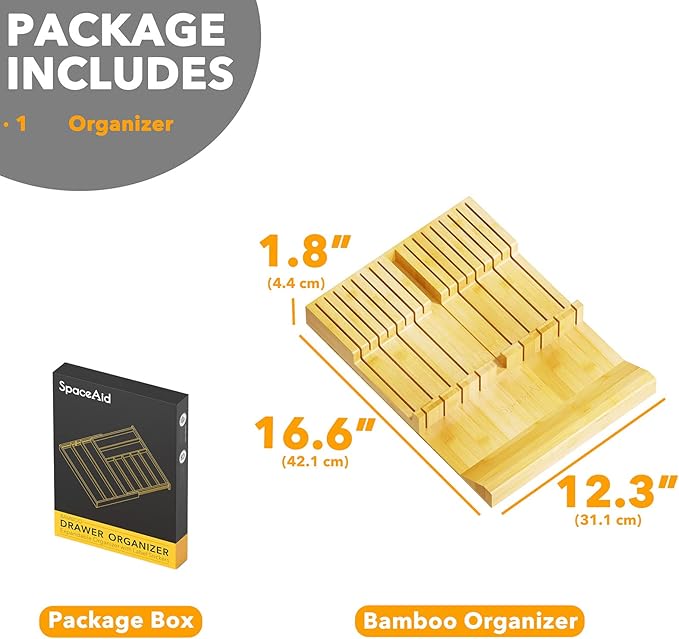 SpaceAid Bamboo Knife Drawer Organizer Insert, Kitchen Steak Knives Holder Organizers Block for Drawer Storage Organization (16 Knife Slots and 1 Sharpener Slot)