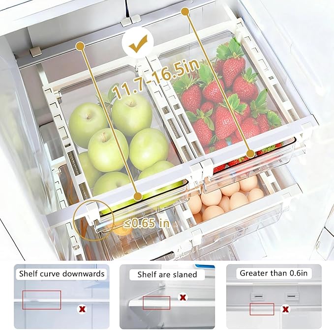 Refrigerator Drawer Organizers, Fridge Drawer Organizer, Pull Out with Handle, Clear Container for Food Drinks, Fit for Refrigerator Shelf Under 0.6 Inch, Easy to Install（1-Pack）