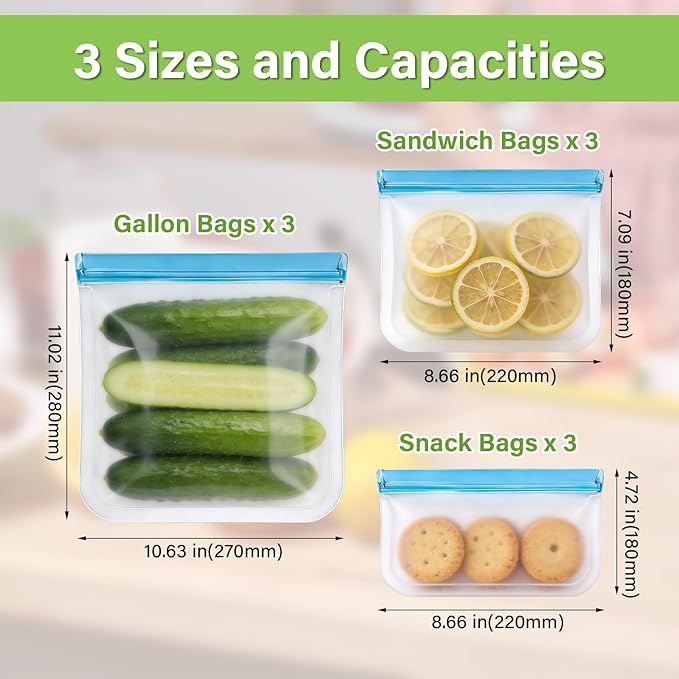 SZTCECDM 9 Pack Silicone Reusable Freezer Bags Set, 3 Sizes (Gallon/Snack/Sandwich) - Airtight, BPA-Free Reusable Plastic Bags for Food Storage & Lunch Container Organization Zip Lock Bags