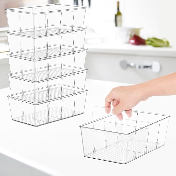 Wilfox 5 Pack Clear Pantry Organizer Bins with Removable Dividers, Kitchen Storage and Organization Product Accessories