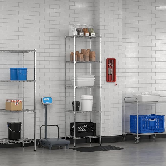 Commercial NSF Listed Chrome Stationary Wire Shelving Kit 18" x 24" x 86", with 5 Shelves Perfect for Warehouse, Walk-in Refrigerator, Freezer, Grocery Store, Restaurant, Dishroom