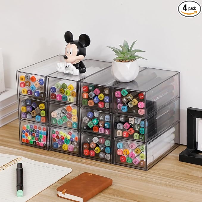 Plastic Storage Drawers, Home Office Supplies Organizer for Bathroom, Kitchen, Pantry, Coffee Bar, Clear Desk Accessories Box for Marker, Art Crafts, Makeup (12 Drawers)