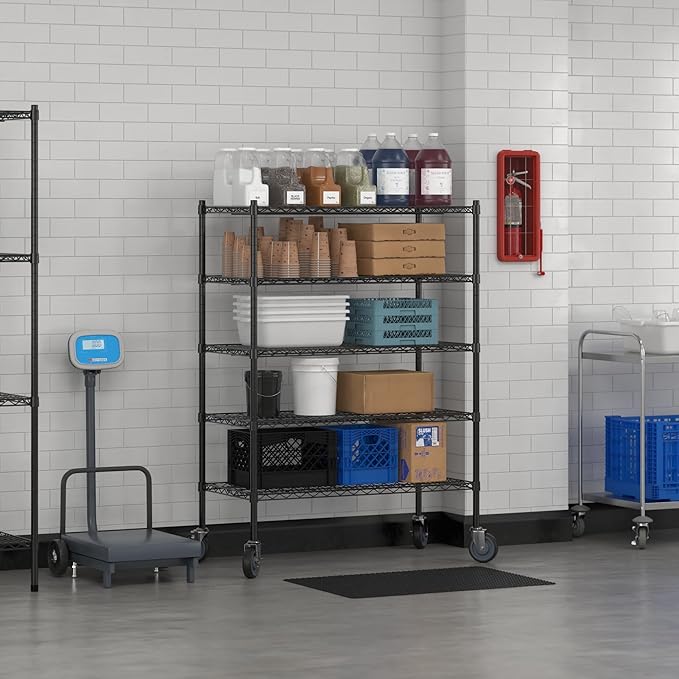 Commercial NSF Listed Black Epoxy Mobile Wire Shelving Kit 21" x 42" x 60", with 5 Shelves Perfect for Warehouse, Walk-in Refrigerator, Freezer, Grocery Store, Restaurant, Dishroom