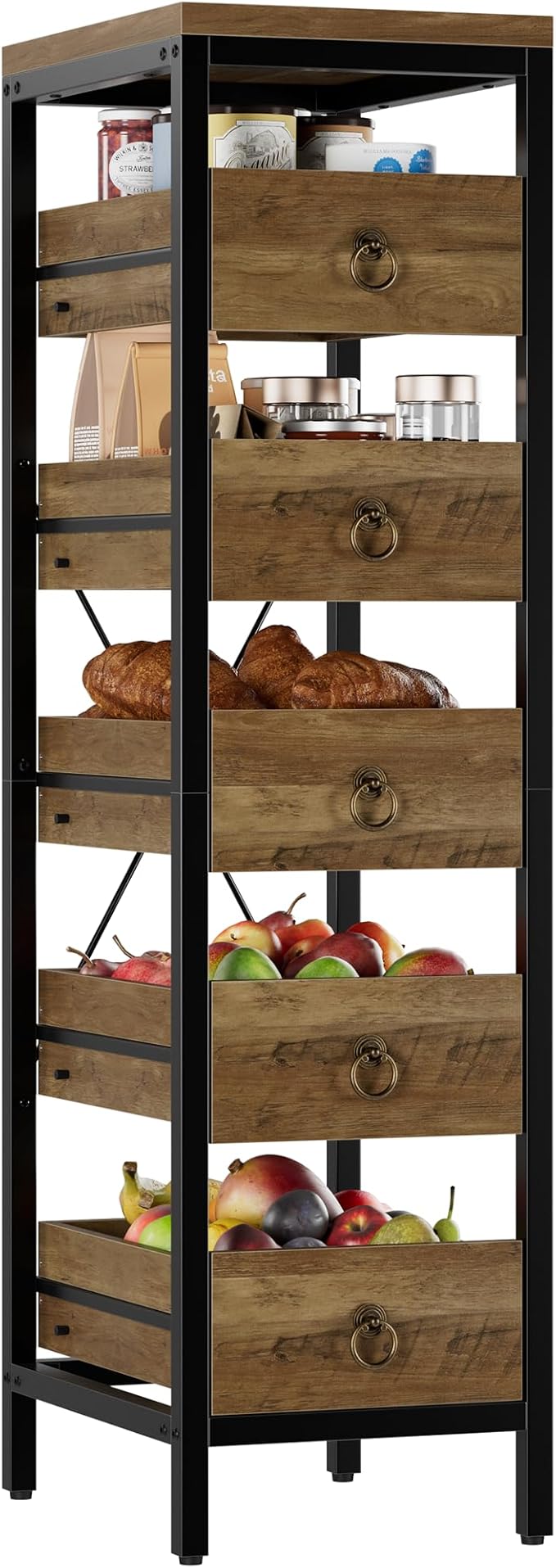 Kitchen Fruit Vegetable Storage Rack, 5-Tier Narrow Snack Fruit Display Stand with 5 Pull-Out Drawers Basket, Utility Organizer Standing Shelf for Kitchen Living Room Bathroom Supermarket, Brown