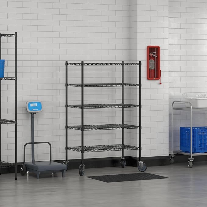 Commercial NSF Listed Black Epoxy Mobile Wire Shelving Kit 21" x 36" x 60", with 5 Shelves Perfect for Warehouse, Walk-in Refrigerator, Freezer, Grocery Store, Restaurant, Dishroom