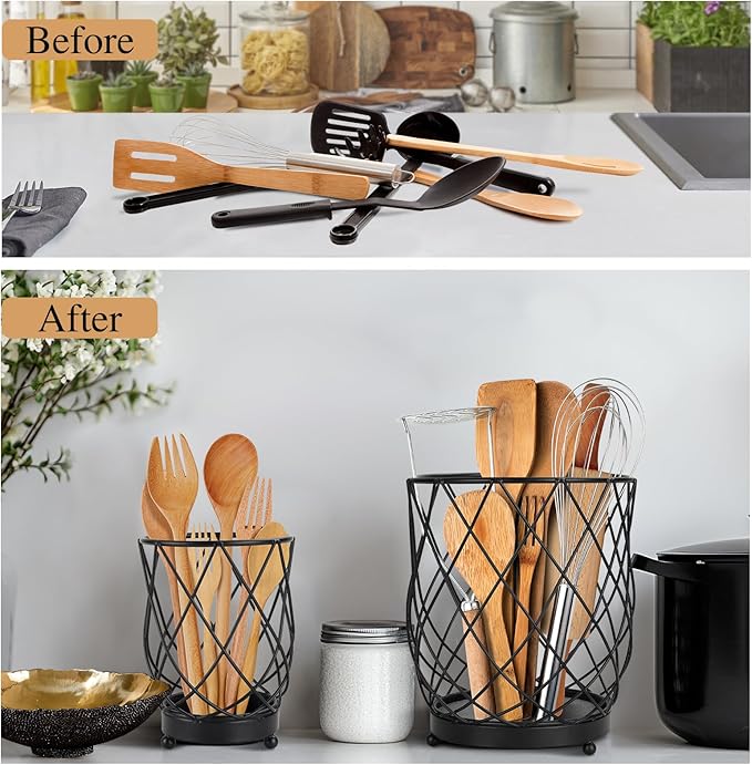MACEVIA Utensil Holder for Kitchen Counter, Black Metal Organizer with Diatomaceous Earth Base, 7.5" + 5.4", Countertop Storage for Spoons,Spatulas and Cooking Utensils,Set of 2