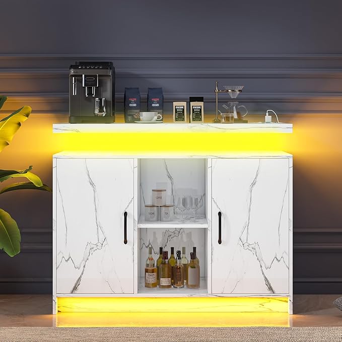 4 EVER WINNER Buffet Cabinet with Storage, Modern Coffee Bar with LED Lights and Charge Station, Sideboard Buffet Cabinets with Adjustable Shelves for Kitchen,Dining Room