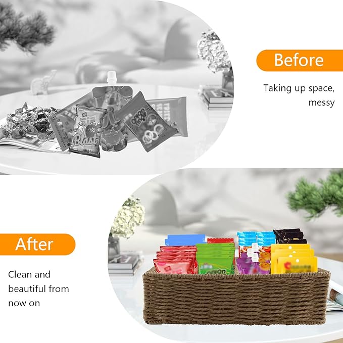 Snack Bar Station Organizer,Pantry Organizers and Storage Bins,Hand-Woven Snack Basket for Countertop,4 Compartments Snack Display Box Candy,Drink Packet,Chips,Spice Organizer,Natural Color