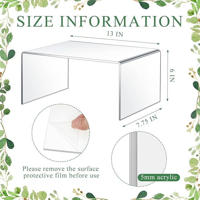 2 Pcs 13 Inch Large Acrylic Risers Display Stands 5 mm Thick Acrylic Shelf Riser Showcase for Collectibles Jewelry Cupcakes Food Figures Perfume Cabinet(Clear)