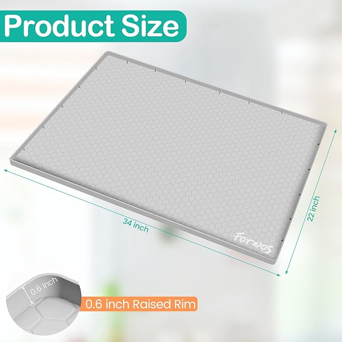 FORWOS Waterproof Under Sink Mat 34" x 22", Silicone Cabinet Liner, Rubber Protector for Kitchen and Bathroom, Keeps Cabinets Clean, Dry, and Organized (Light Grey)