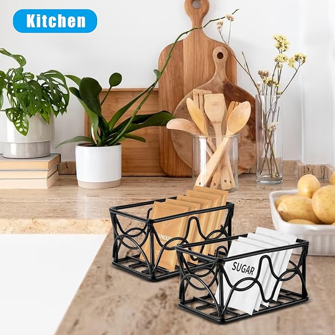 DLUGOPIS 2 Pieces Black Metal Sugar Packet Holder Tea Bag Organizer Sugar Caddy Holder Small Sugar Container Coffee Creamer Holder Tea Bag Caddy Holder for Coffee Bar Kitchen Home