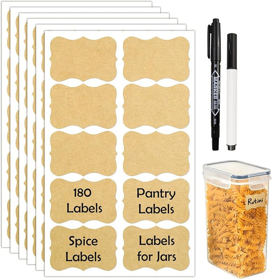 JIEHENG 180Pcs Chalkboard Labels for Jars, Waterproof Reusable Blackboard Stickers with 2 Liquid Chalk Markers, Organization Labels Removable (Brown, Wavy)