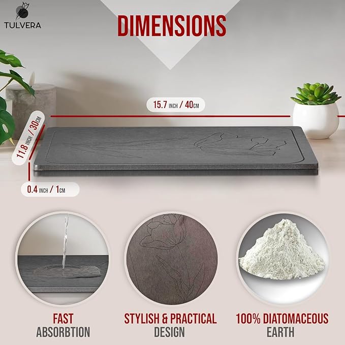 Stone Dish Drying Mat for Kitchen Counter – Diatomaceous Earth Drying Mat | Fast-Absorbing, Minimalist Design, Durable Diatomite | Non-Slip, Heat Resistant, Easy-to-Clean | 16"x12" | USA Brand