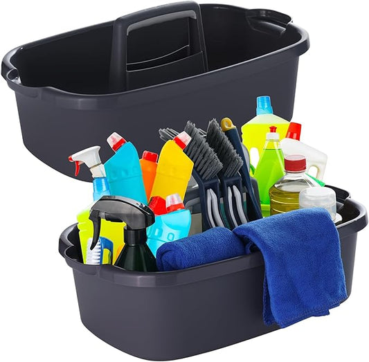 Omirome 2-Pack Large Gray Cleaning Caddy for Cleaning Supplies with Handle - Portable Plastic Tote Organizer for Shower, Bathroom, Kitchen, Under Sink Storage