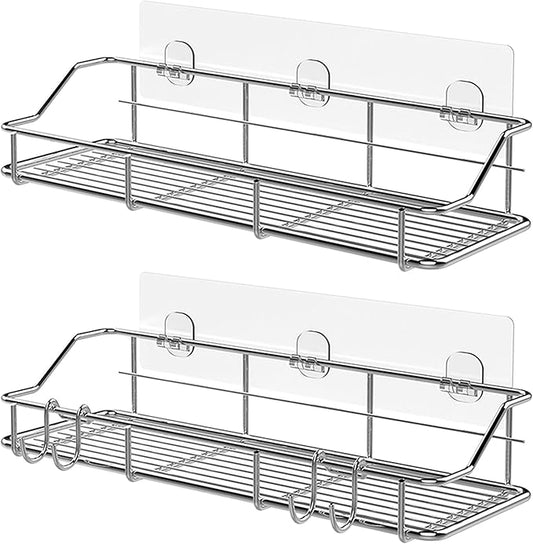 KESOL Adhesive Shower Caddy Shower Shelf Organizer for Bathroom Organization with Hooks, SUS304 Stainless Steel, 2 Pack (Silver)