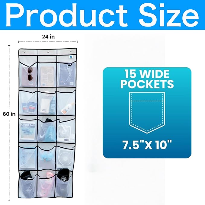 Magnetic Door Organizer with Hooks, 24 Mesh Pockets, Over Door Storage Solution, White, 60x24 Inch, Magnetic Shoe Rack Holder for Cruise Ship Cabins