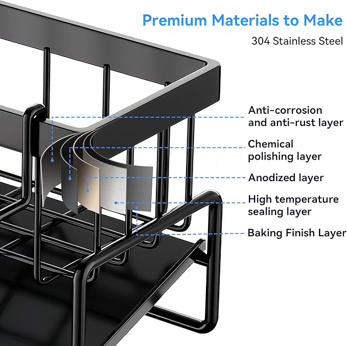 Sponge Holder for Kitchen, Sink Caddy Organizer Rack for Kitchen Accessories, Soap Dispenser Countertop Organizer Essentials for Home (Black)